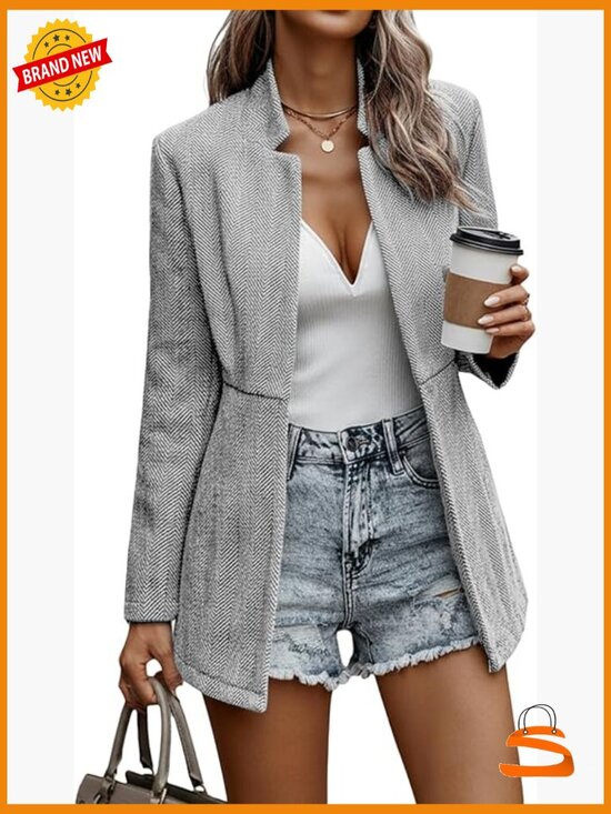 Jackets & Blazers - Herringbone Tweed Blazer Jacket - Fully Lined Open Front Work Office Coat with